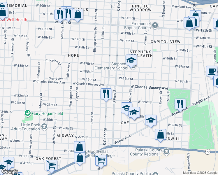 map of restaurants, bars, coffee shops, grocery stores, and more near 2020 South Pine Street in Little Rock