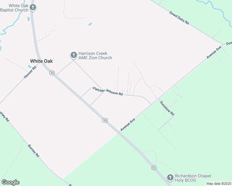 map of restaurants, bars, coffee shops, grocery stores, and more near Fletcher Johnson Road in White Oak