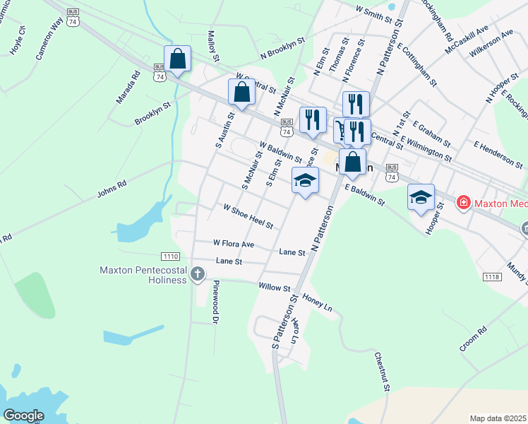 map of restaurants, bars, coffee shops, grocery stores, and more near 403 South Elm Street in Maxton