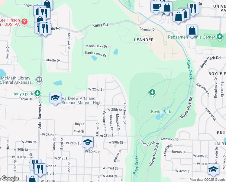 map of restaurants, bars, coffee shops, grocery stores, and more near 12 Woodwind Drive in Little Rock