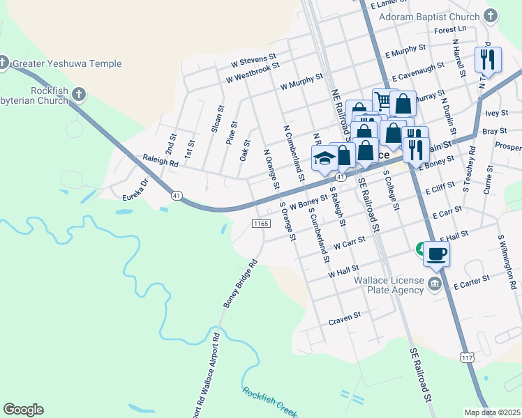 map of restaurants, bars, coffee shops, grocery stores, and more near 421 West Main Street in Wallace