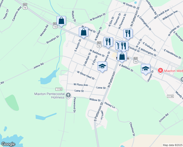map of restaurants, bars, coffee shops, grocery stores, and more near 403 South Elm Street in Maxton