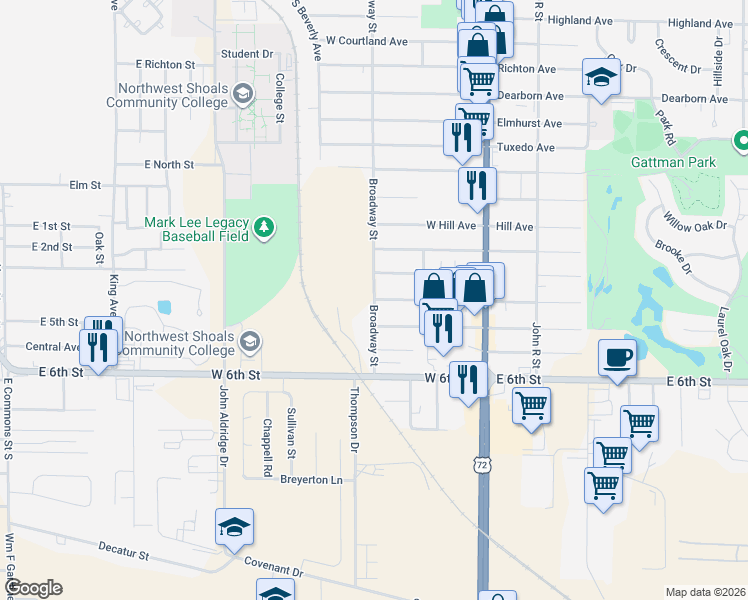 map of restaurants, bars, coffee shops, grocery stores, and more near 3151 South Broadway Avenue in Muscle Shoals