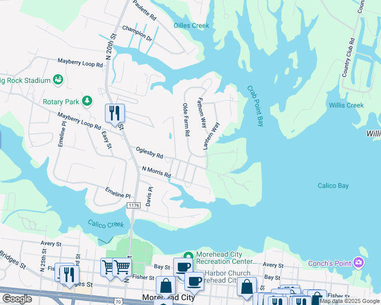 map of restaurants, bars, coffee shops, grocery stores, and more near 1703 Olde Farm Road in Morehead City