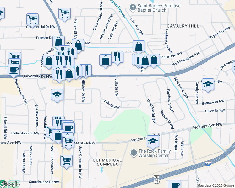 map of restaurants, bars, coffee shops, grocery stores, and more near 498 Julia Street Northwest in Huntsville