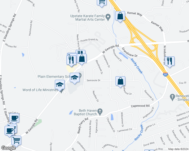 map of restaurants, bars, coffee shops, grocery stores, and more near 210 Cherokee Drive in Simpsonville
