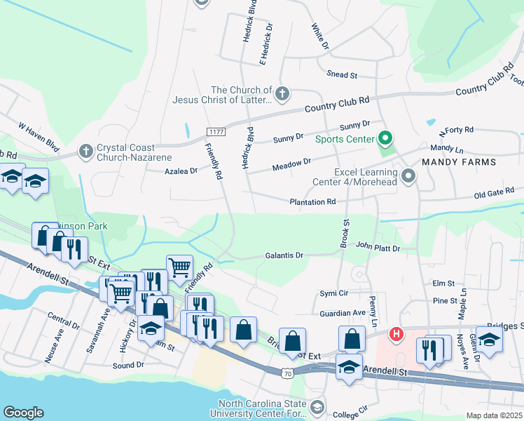 map of restaurants, bars, coffee shops, grocery stores, and more near 504 Hedrick Boulevard in Morehead City