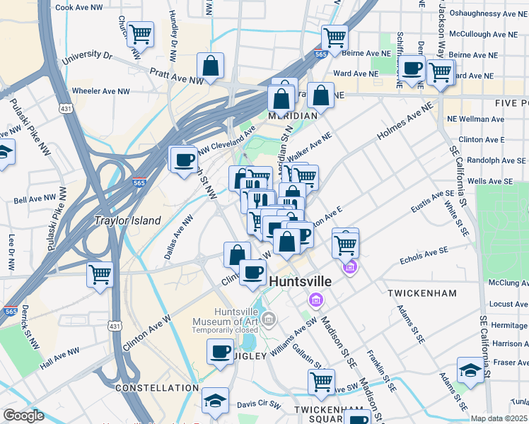 map of restaurants, bars, coffee shops, grocery stores, and more near 222 Jefferson Street North in Huntsville