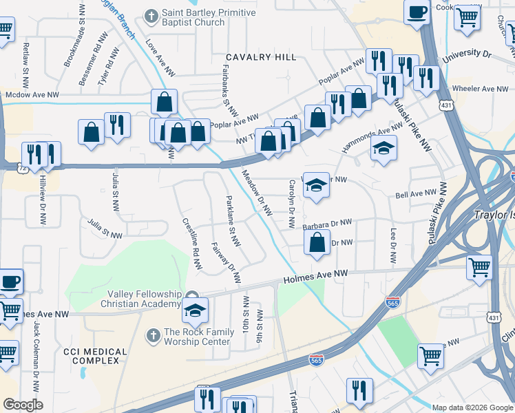 map of restaurants, bars, coffee shops, grocery stores, and more near 3007 Brook Manor Avenue Northwest in Huntsville