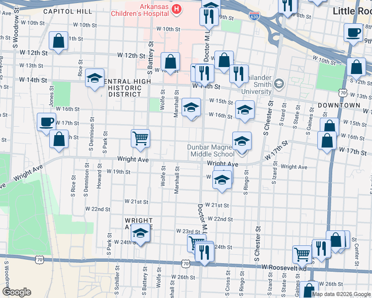map of restaurants, bars, coffee shops, grocery stores, and more near 1823 Bishop Street in Little Rock