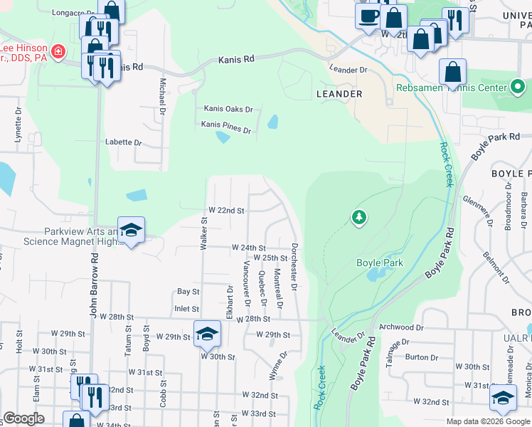 map of restaurants, bars, coffee shops, grocery stores, and more near 12 Woodwind Drive in Little Rock