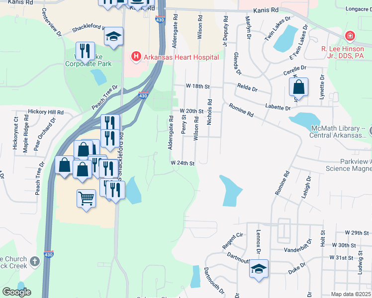 map of restaurants, bars, coffee shops, grocery stores, and more near 2212 Perry Street in Little Rock