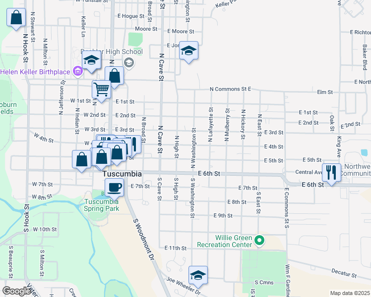 map of restaurants, bars, coffee shops, grocery stores, and more near 504 East 4th Street in Tuscumbia