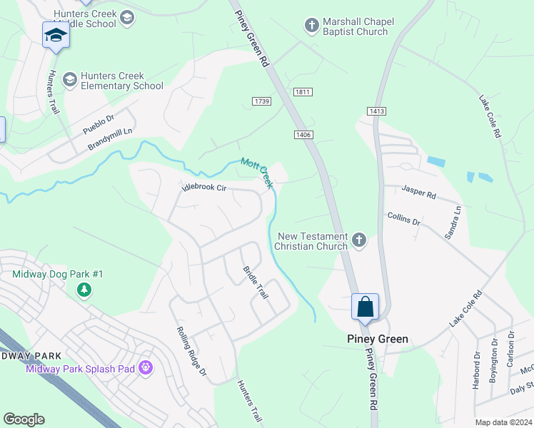 map of restaurants, bars, coffee shops, grocery stores, and more near 2636 Idlebrook Circle in Piney Green