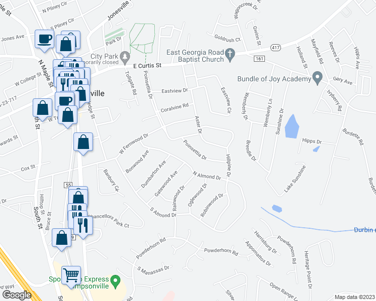 map of restaurants, bars, coffee shops, grocery stores, and more near 506 Poinsettia Drive in Simpsonville