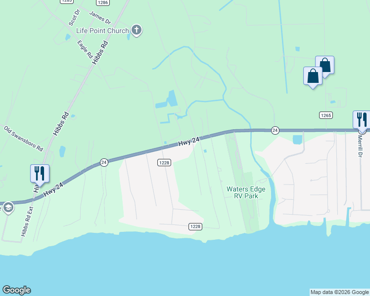 map of restaurants, bars, coffee shops, grocery stores, and more near 1579 North Carolina 24 in Newport