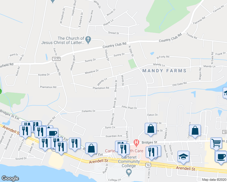map of restaurants, bars, coffee shops, grocery stores, and more near 531 Brooks Street in Morehead City