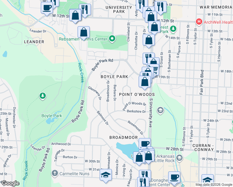 map of restaurants, bars, coffee shops, grocery stores, and more near 22 Holly Hill Road in Little Rock