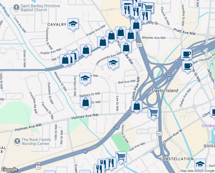 map of restaurants, bars, coffee shops, grocery stores, and more near 1004 Wilson Drive Northwest in Huntsville