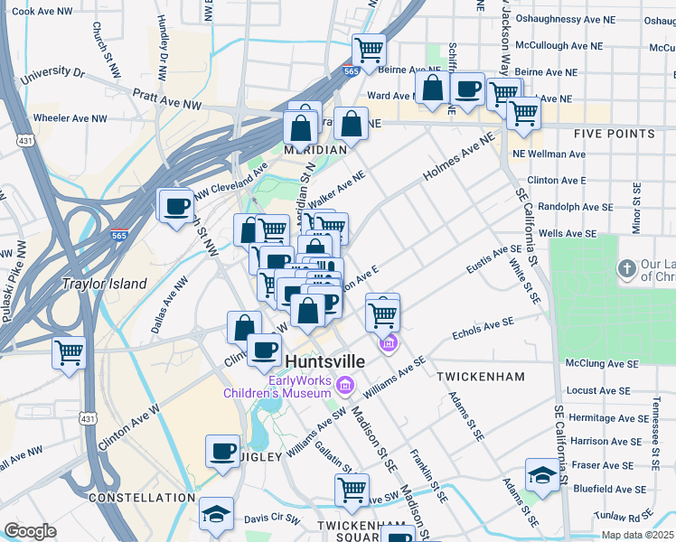 map of restaurants, bars, coffee shops, grocery stores, and more near 3 Greene Street Southeast in Huntsville