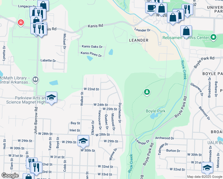 map of restaurants, bars, coffee shops, grocery stores, and more near 7815 Parkwood Drive in Little Rock