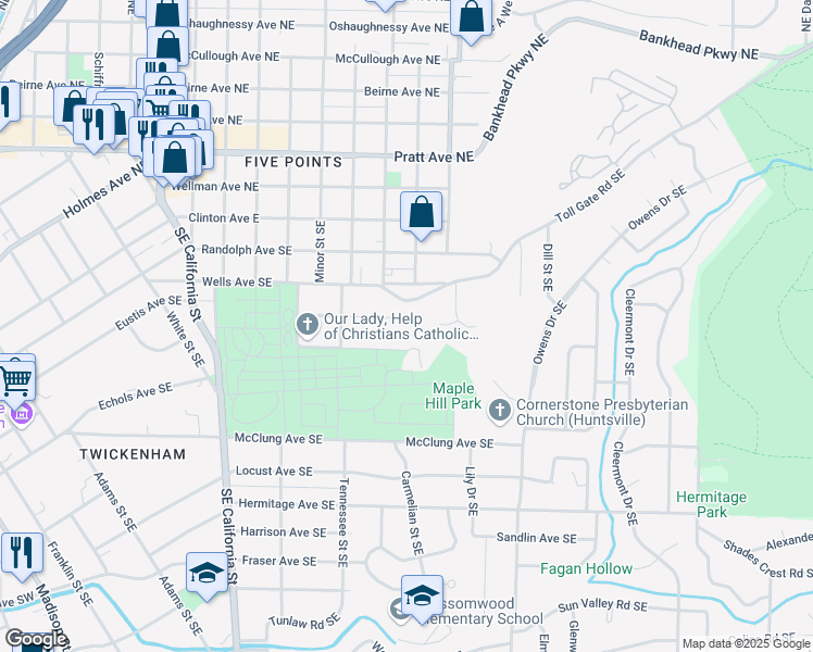 map of restaurants, bars, coffee shops, grocery stores, and more near 1423 Kingsbury Avenue Southeast in Huntsville