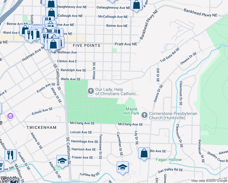map of restaurants, bars, coffee shops, grocery stores, and more near 1411 Kingsbury Avenue Southeast in Huntsville