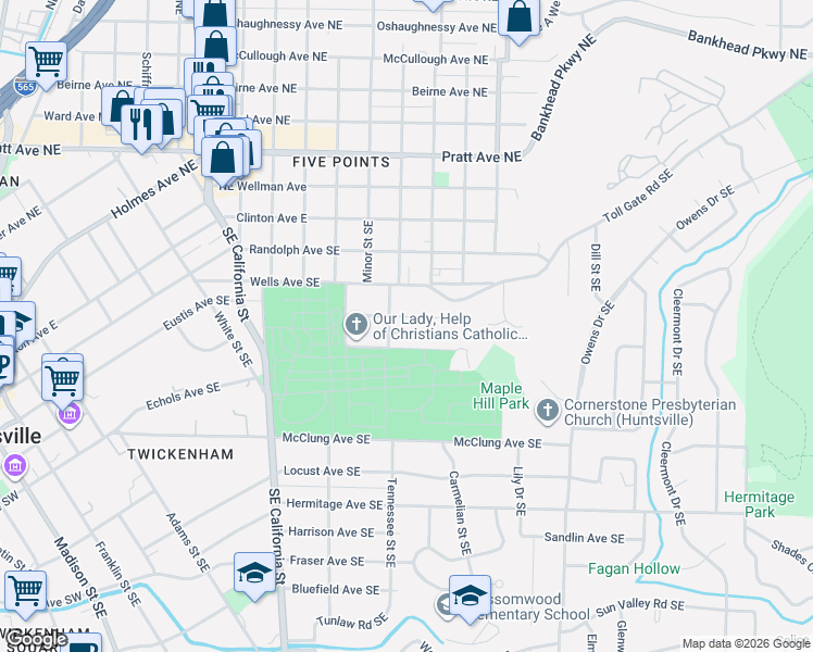 map of restaurants, bars, coffee shops, grocery stores, and more near 1305 Kingsbury Avenue Southeast in Huntsville