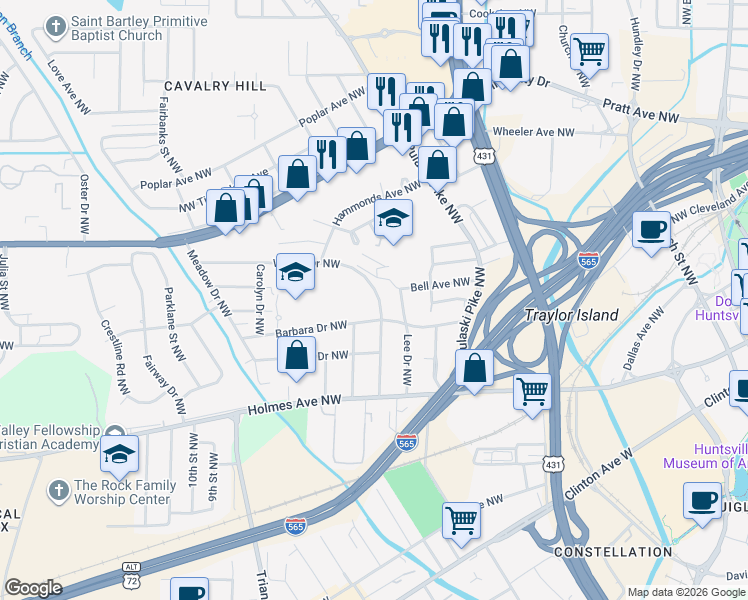 map of restaurants, bars, coffee shops, grocery stores, and more near 1004 Wilson Drive Northwest in Huntsville