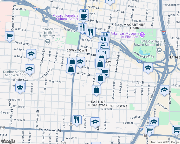 map of restaurants, bars, coffee shops, grocery stores, and more near 1701 Center Street in Little Rock