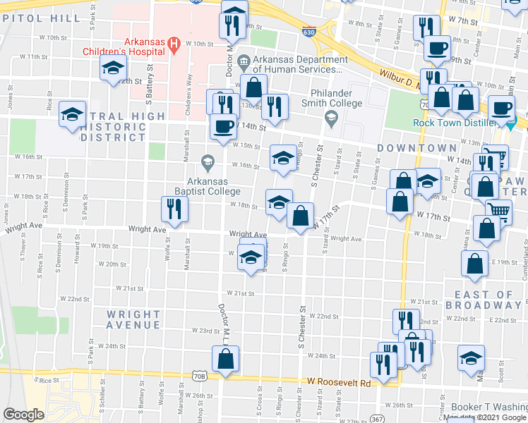 map of restaurants, bars, coffee shops, grocery stores, and more near 1817 South Pulaski Street in Little Rock