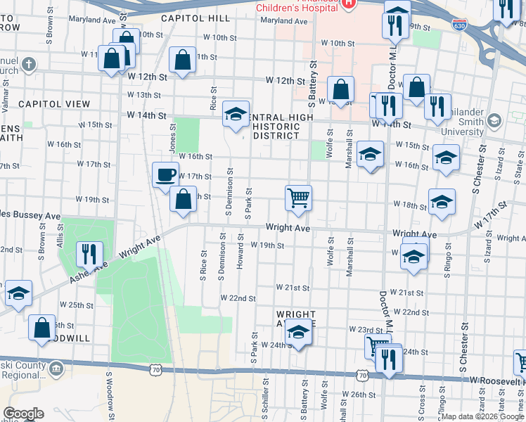map of restaurants, bars, coffee shops, grocery stores, and more near 2020 Wright Avenue in Little Rock