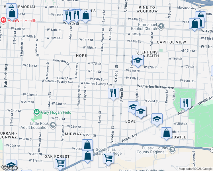 map of restaurants, bars, coffee shops, grocery stores, and more near 4008 West 21st Street in Little Rock