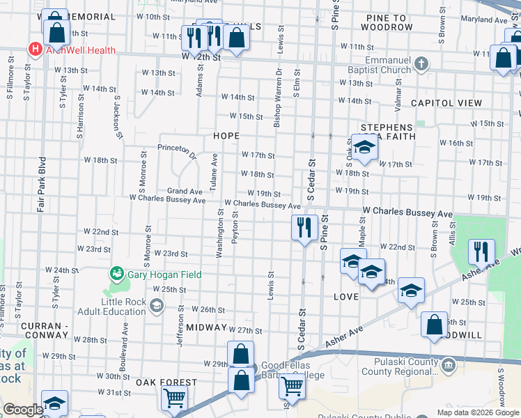 map of restaurants, bars, coffee shops, grocery stores, and more near 2024 Abigail Street in Little Rock