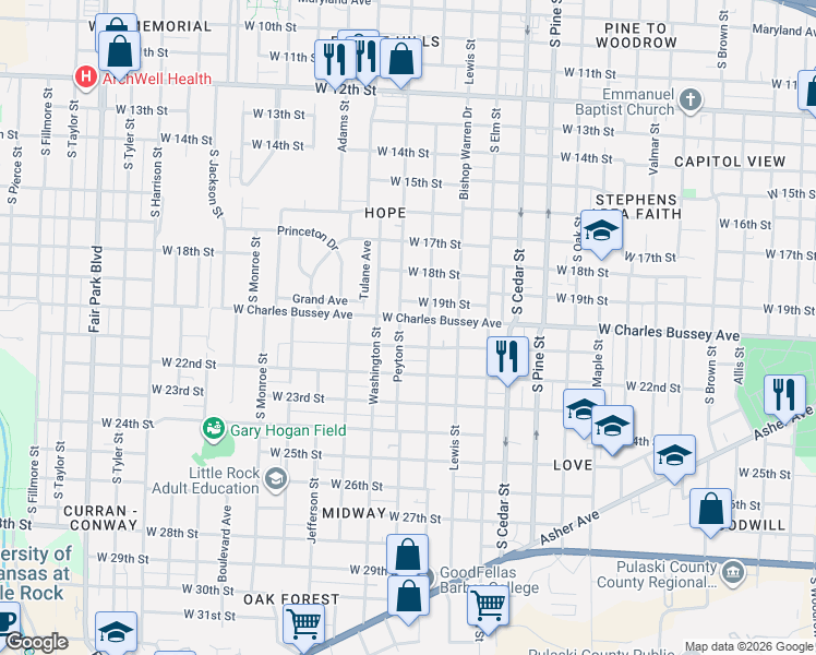 map of restaurants, bars, coffee shops, grocery stores, and more near 2024 Abigail Street in Little Rock