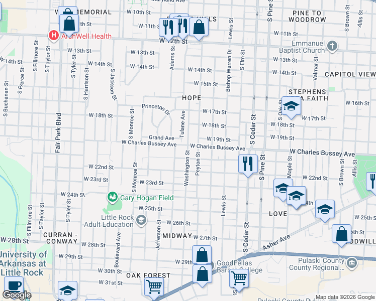 map of restaurants, bars, coffee shops, grocery stores, and more near 2024 Peyton Street in Little Rock