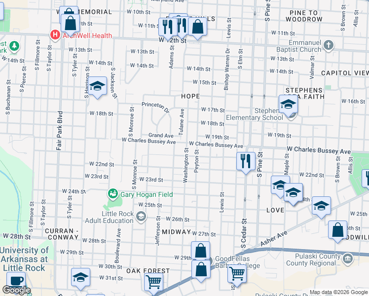 map of restaurants, bars, coffee shops, grocery stores, and more near 2024 Peyton Street in Little Rock