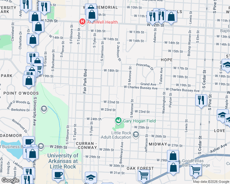 map of restaurants, bars, coffee shops, grocery stores, and more near 2109 South Van Buren Street in Little Rock