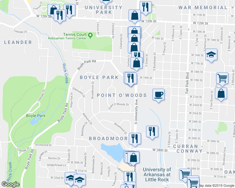 map of restaurants, bars, coffee shops, grocery stores, and more near 19 Fair Oaks Drive in Little Rock