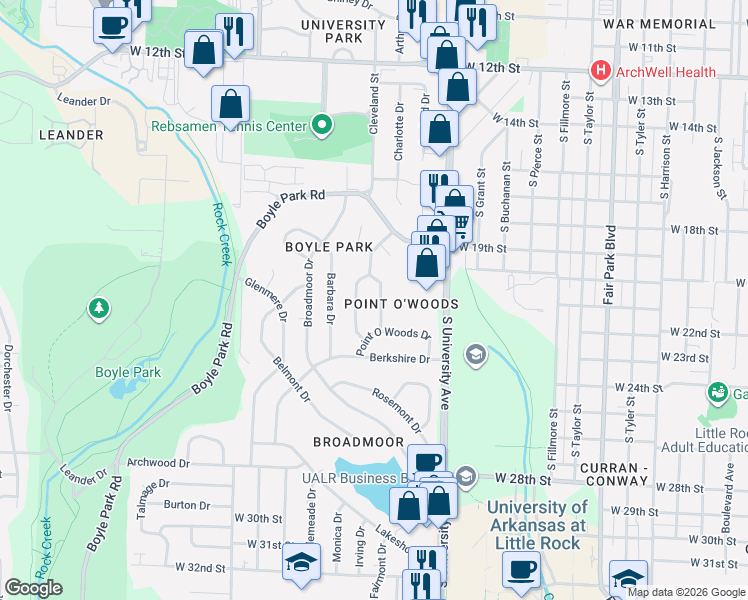map of restaurants, bars, coffee shops, grocery stores, and more near 19 Fair Oaks Drive in Little Rock