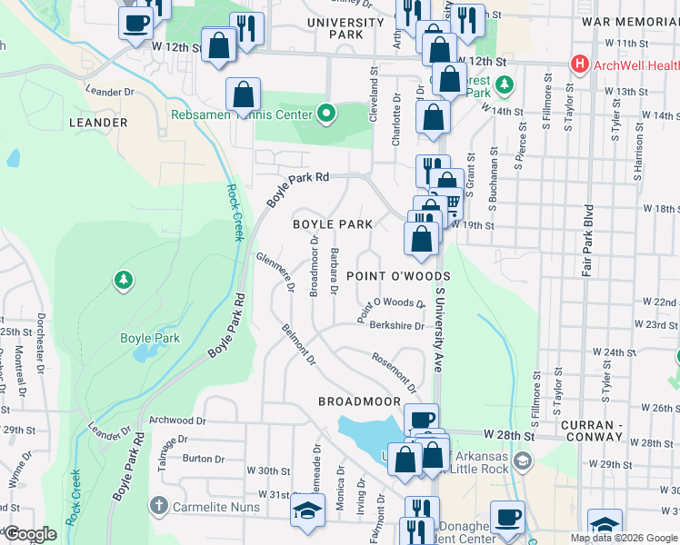 map of restaurants, bars, coffee shops, grocery stores, and more near 22 Holly Hill Road in Little Rock