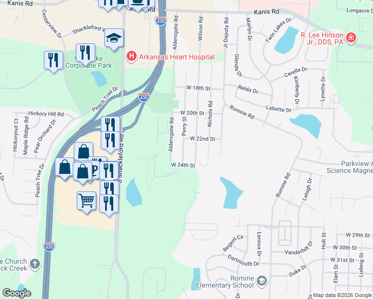 map of restaurants, bars, coffee shops, grocery stores, and more near 2212 Perry Street in Little Rock
