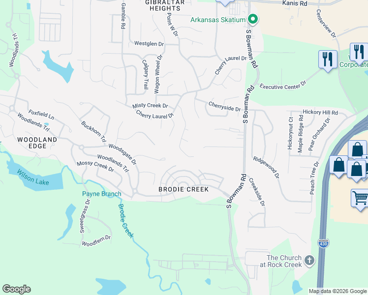 map of restaurants, bars, coffee shops, grocery stores, and more near 2400 Stoney Creek Drive in Little Rock