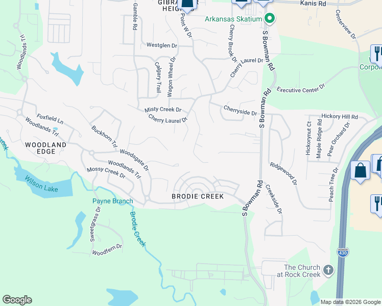 map of restaurants, bars, coffee shops, grocery stores, and more near 2400 Stoney Creek Drive in Little Rock