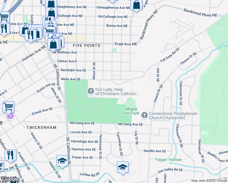 map of restaurants, bars, coffee shops, grocery stores, and more near 1411 Kingsbury Avenue Southeast in Huntsville