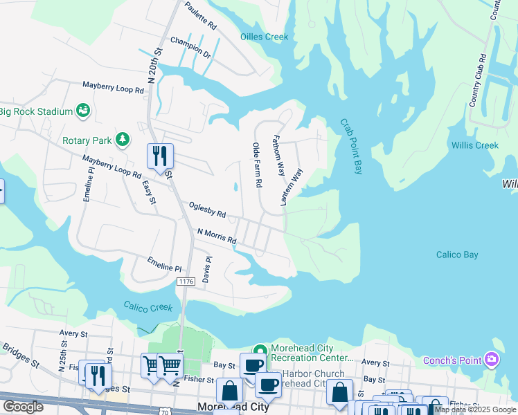 map of restaurants, bars, coffee shops, grocery stores, and more near 1703 Olde Farm Road in Morehead City