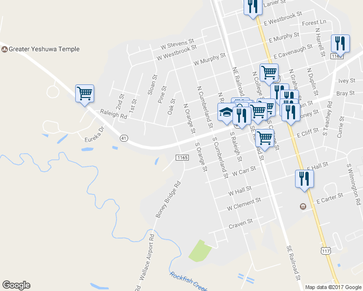 map of restaurants, bars, coffee shops, grocery stores, and more near 421 West Main Street in Wallace