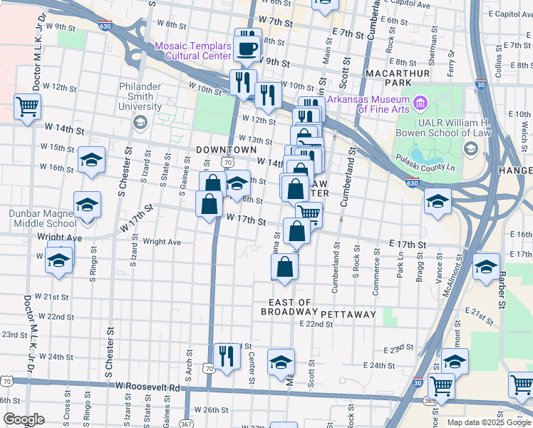 map of restaurants, bars, coffee shops, grocery stores, and more near 1617 Center Street in Little Rock