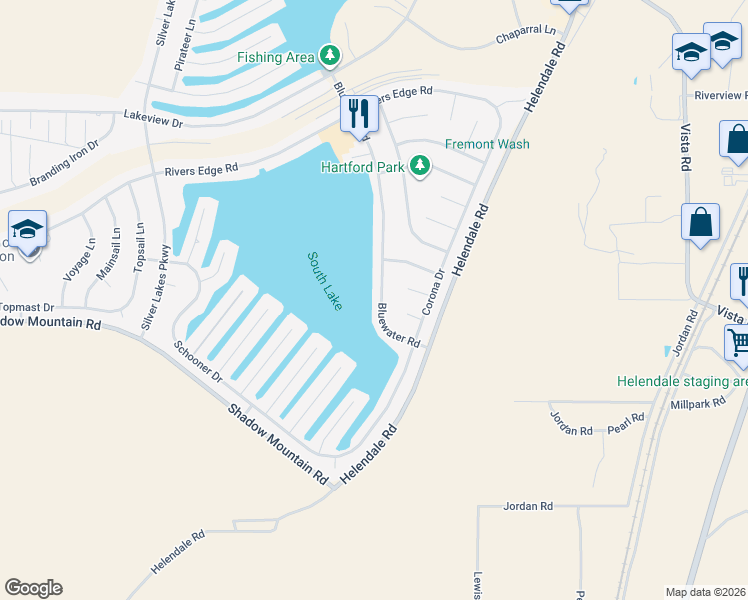 map of restaurants, bars, coffee shops, grocery stores, and more near 26502 Bluewater Road in Helendale