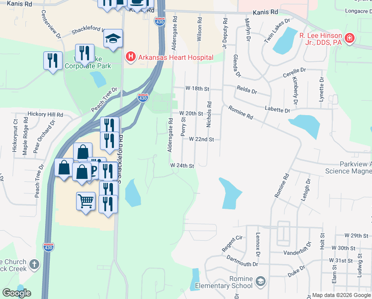 map of restaurants, bars, coffee shops, grocery stores, and more near 2212 Perry Street in Little Rock